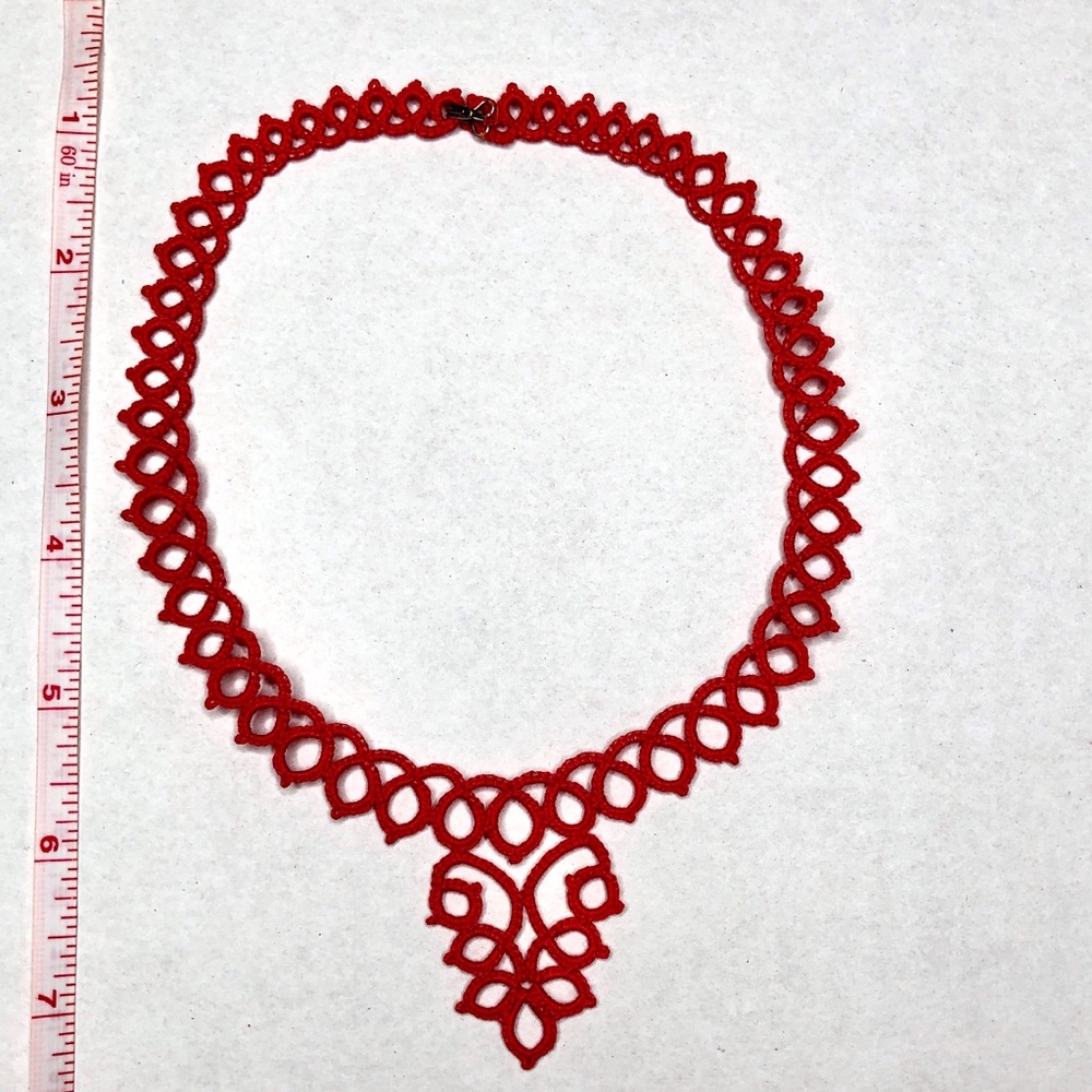 Hand Tatted Red Necklace with Intricate Lace Design